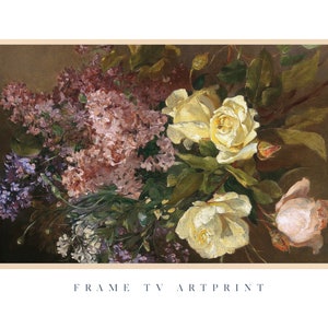 May include: A still life painting of a bouquet of white roses and purple lilacs. The flowers are arranged in a vase and are set against a dark brown background.