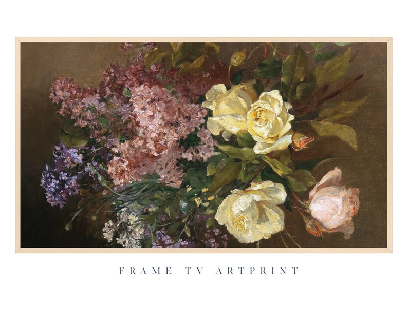 May include: A still life painting of a bouquet of white roses and purple lilacs. The flowers are arranged in a vase and are set against a dark brown background.