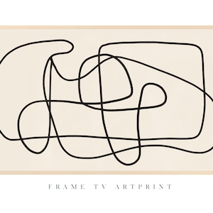 May include: Abstract line art print in black and white with a cream background. The print is framed in a light wood frame. The text "FRAME TV ART PRINT" is at the bottom of the image.