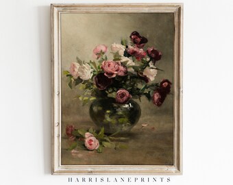 Vintage Inspired Art Print | "Vintage Spring Roses" | Neutral | Modern | Printable | Mountains Landscape | Farmhouse | Rustic | Mcgee