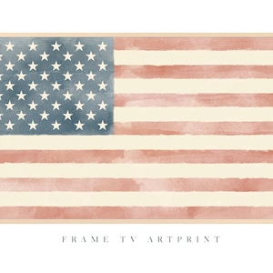 Könnte beinhalten: Ein Aquarellbild der amerikanischen Flagge in Rot, Weiß und Blau. Die Flagge ist in einem hellen Holzrahmen gerahmt. Der Text "FRAME TV ART PRINT" ist unter dem Bild gedruckt.