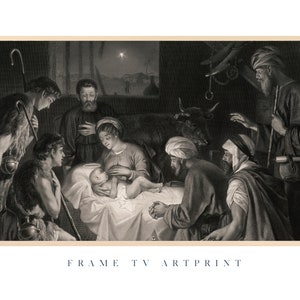 Puede incluir: Una ilustración en blanco y negro de la escena de la Natividad. La imagen representa a María, José y el niño Jesús, junto con un grupo de pastores y una vaca. Una estrella brilla intensamente en el cielo nocturno.