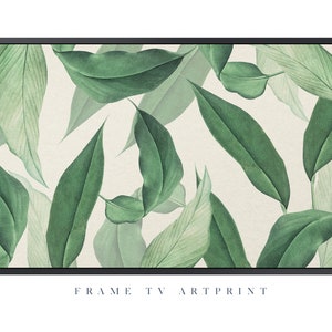 May include: A framed art print featuring a botanical illustration of green leaves on a cream background. The print has a black frame and the text "FRAME TV ART PRINT" at the bottom.