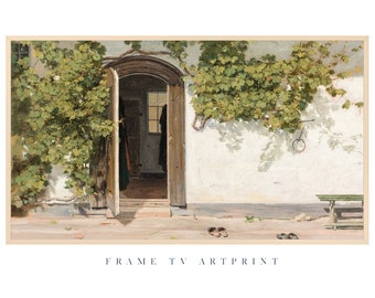 May include: A painting of a white building with a wooden door that is open. The building is covered in green vines. There are two pairs of shoes on the ground in front of the door.