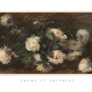 May include: A watercolor painting of a bouquet of white roses with green leaves on a dark brown background.