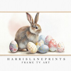 Samsung Frame TV art, &quot;Watercolor Spring Easter Bunny & Eggs&quot; Nursery, Vintage, Neutral Muted, Farmhouse, Minimal, Abstract