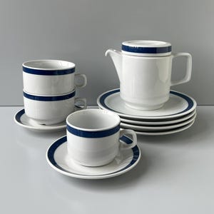 Service de table RATIONELL GDR en porcelaine Colditz | Tasse + Soucoupe + Cafetière | Bordure bleue | Poterie Jahny Mitropa style Mid-Century