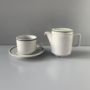 RATIONELL GDR porseleinen koffieservies, groen en wit, kopje en koffiepot, GDR, Jahny, Mitropa, MidCentury, Colditz