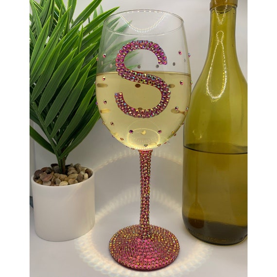 Pink Initial Wine Glass Iridescent Wine Glass Custom Letter