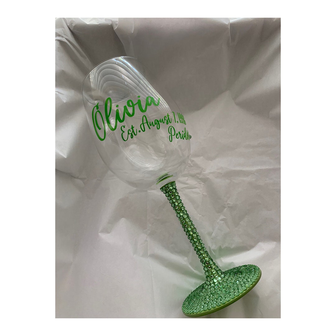 Personalized Green Rhinestone Wine Glass: August Birthday Gift - Etsy
