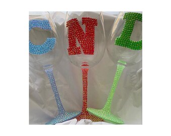 Personalized Bling Initial Wine Glass Gift for Her Custom Colorful Bedazzled Wine Glass