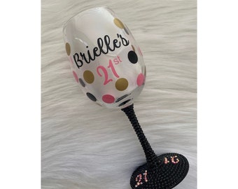 Personalized 21st Birthday Wine Glass: Black Rhinestone Bling