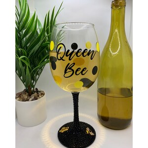 Queen Bee wine glass, Black and yellow polka dot wine glass, Jeweled wine glass, Bling wine glass, Diva wine glass, Gift for Friends