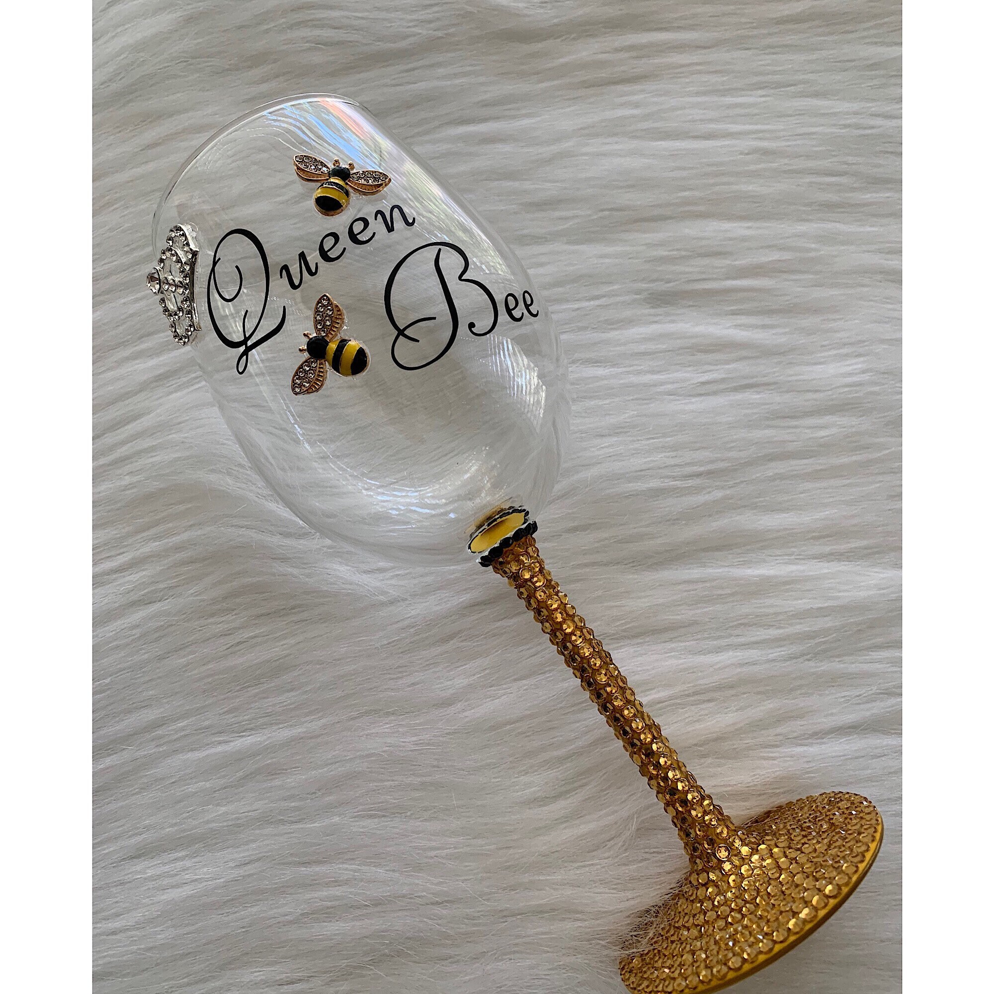 Queen Bee Wine Glass: Rhinestone Crown & Bumblebees, Bling Stem - Etsy