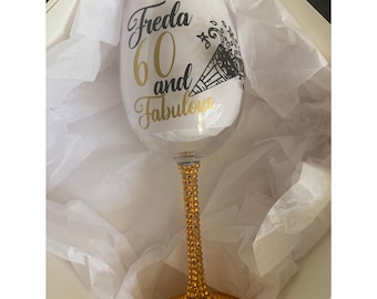 Personalized Rhinestone Wine Glass, 60th Birthday Diva Gift