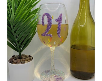 Bling 21st Birthday Wine Glass: Holographic Rhinestone Stem