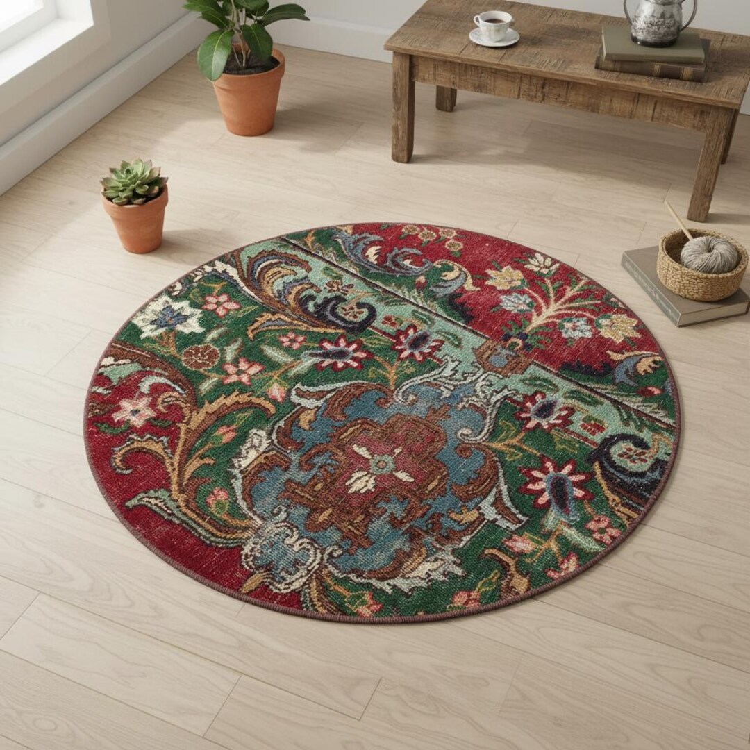 Retro Round Rug Vintage Round Rug Ethnic Wool Oushak Boho Modern Farmhouse Rug 3.66 ...