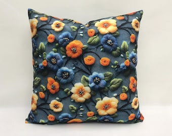 Floral Throw Pillow Cover 20x20 Wool Ethnic Cushion Case Boho Decor Sofa Couch