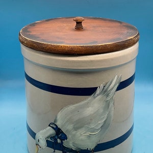 Antique 4 Qt. Heavy Stoneware Crock Canister with Hand Painted Goose and Wooden Lid