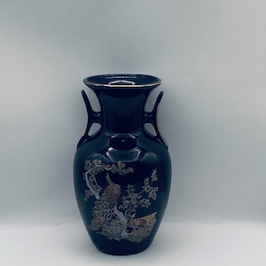 Vintage Cobalt Blue Oriental Japanese Peacocks and Flowers Porcelain Vase with Handles
