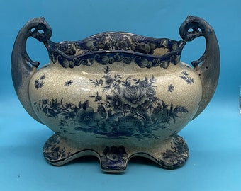 Vintage Blue and White Floral Double Handles Vase / Jardiniere  Centerpiece