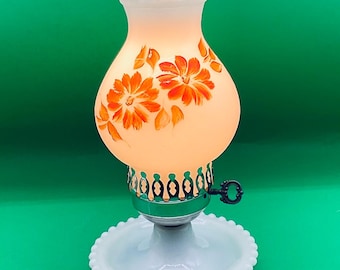 Vintage White Milk Glass Electric Table Lamp with Hand Painted Orange Floral Milk Glass Hurricane