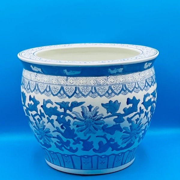 Grand bocal à poissons/pot de fleurs décoratif en porcelaine de Chine bleu et blanc vintage