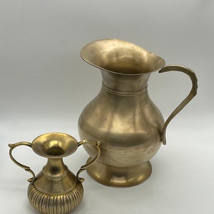 Vintage Brass Footed Pitcher and a Small Brass Vase with Handles