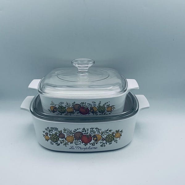 Vintage Corning Ware Spice of Life Set of 2 Casserole Dishes with Pyrex Lids/ La Marjolein 2 Or. and Lechalote 1 Qt.
