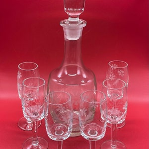 Vintage 7 Piece Set of Glass Whiskey/Liquor Decanter and 6 Glasses with Etched Flowers Made in Romania