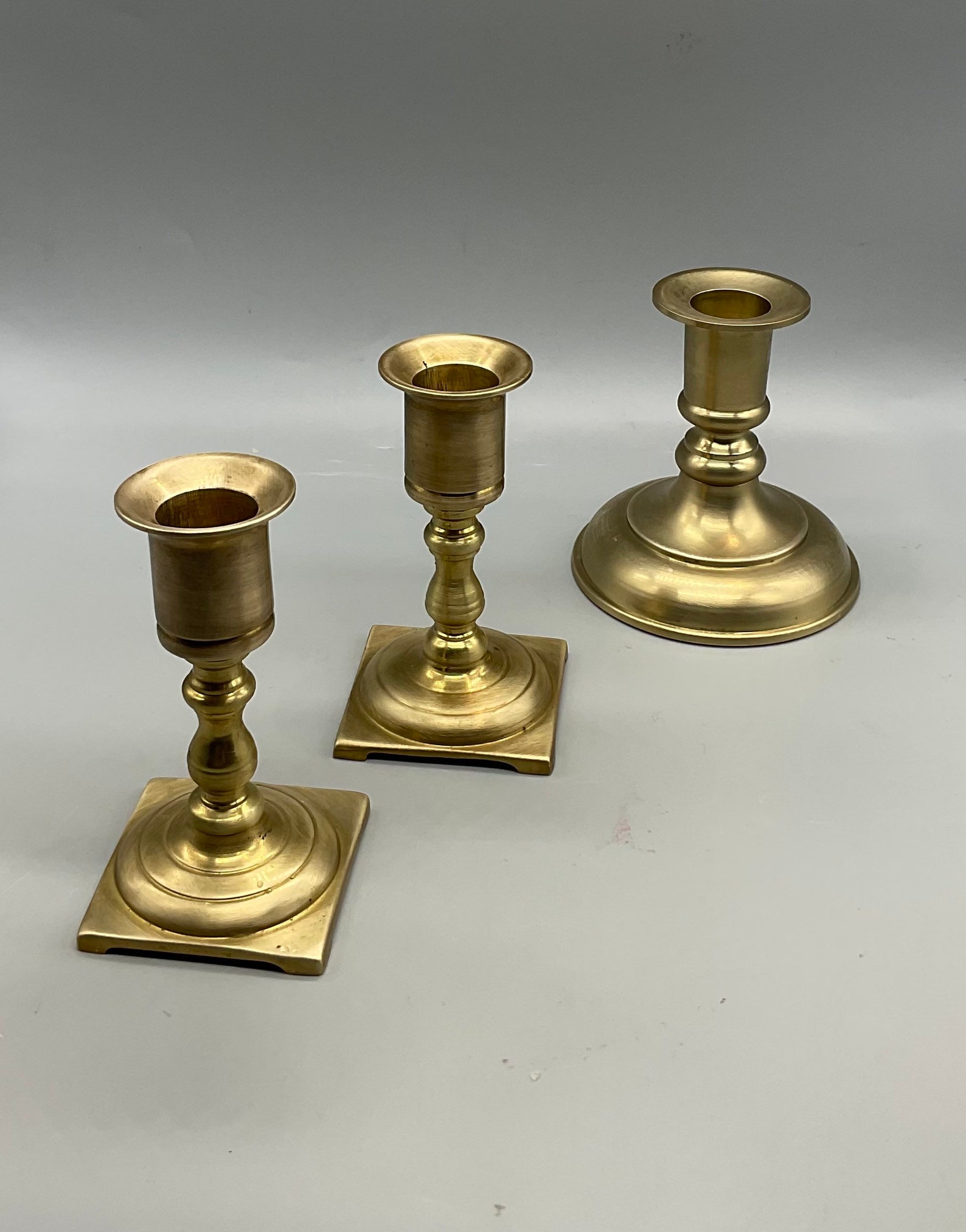 Vintage Solid Brass Set of 3 Candlestick Holders/ One Round Base ...