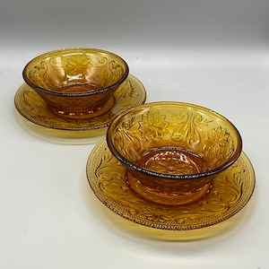 Vintage Tiara Indiana Glass Amber Sandwich Pattern Set of 2 Saucers and 2 Small Bowls