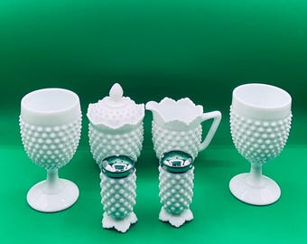Vintage Fenton Hobnail Milk Glass Covered Sugar Bowl,Creamer,Salt and Pepper Shakers and 2 Water Goblets (6 Pieces)