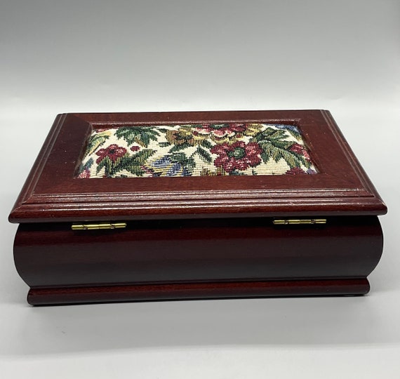 Vintage Wood & Tapestry Mirrored Jewelry Box with… - image 4