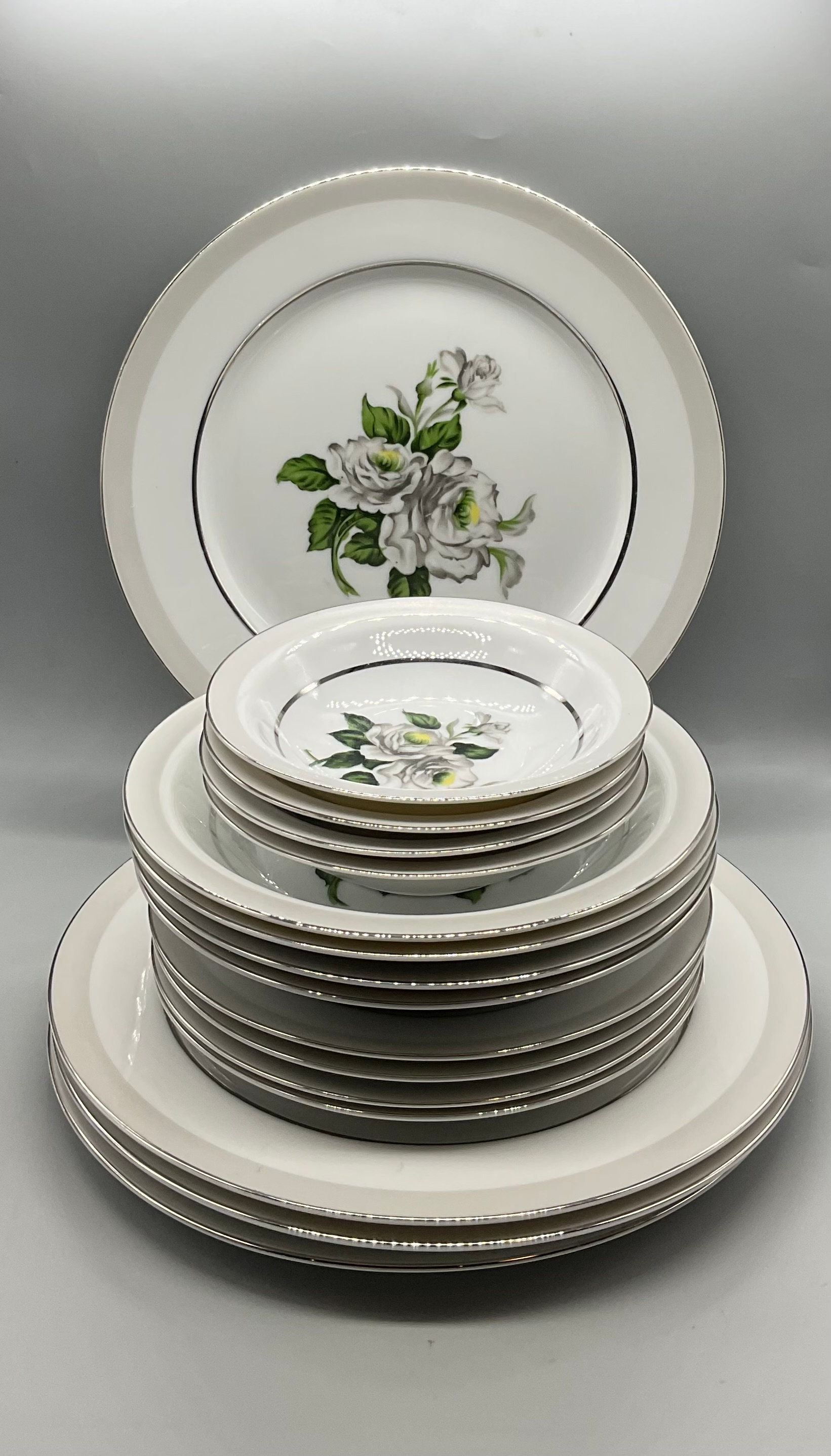 Vintage W.R White Rose Platinum 3939 Pattern 4 Piece Place Setting