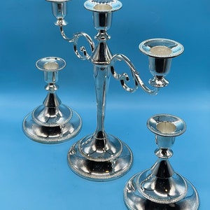 International Silver Company Beaded 3 Piece Candelabra and Console Pair / Candlestick Holders