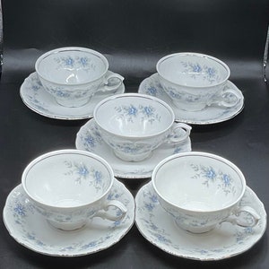 Vintage Winterling Bavaria Germany Blue Rose Set of 5 Teacups and 5 Saucers ( 10 Pieces)