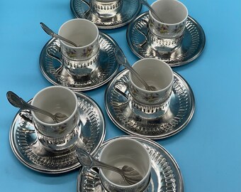 Vintage Veracruz Porcelain & Bellini Silverplate Set of 6 Espresso