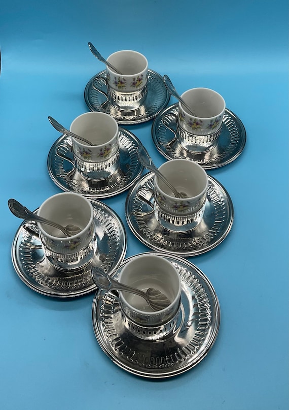 Vintage Veracruz Porcelain & Bellini Silverplate Set of 6 Espresso