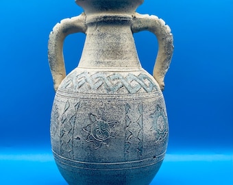 Vintage Pottery Clay Pot Vase with Handles and  Hand Carved Design