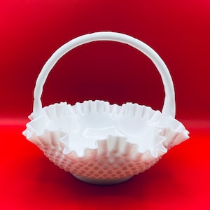 Vintage Large Fenton Hobnail Milk Glass Bride Basket