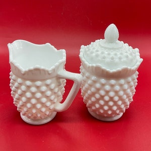 Vintage Fenton Milk Glass Scalloped Hobnail Creamer and Covered Sugar Bowl