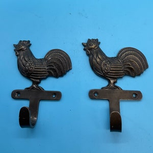 Vintage Solid Brass Rooster Set of 2 Hooks Key Holder