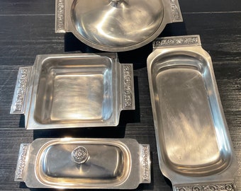 Vintage 1960s International Decorator Stainless 18-8 4 Piece Collection ,Covered Bowl,3 Piece Butter Dish,Bread Tray ,Square Bowl