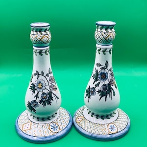 Vintage FFA Marques Made in Portugal Hand Painted Porcelain Floral by Eduardo Pair of Candlestick Holders