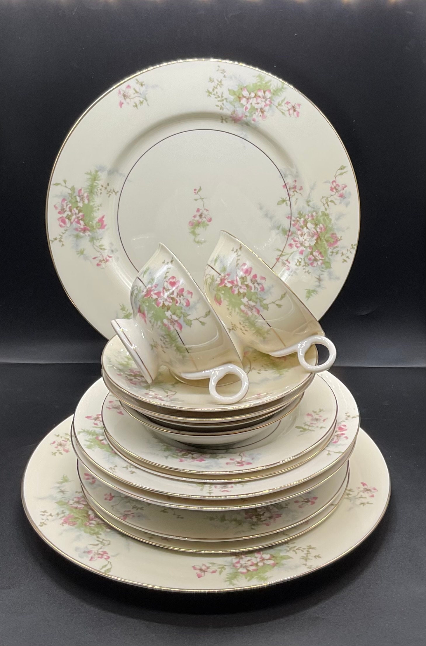 Vintage Theodore Haviland New York Apple Blossom Pattern Made in America 7 Piece Place Setting Dinner Set for 2 ( 14 Pieces)
