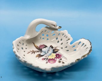 Vintage Hand Painted Swan Shaped Porcelain Decorative Bowl