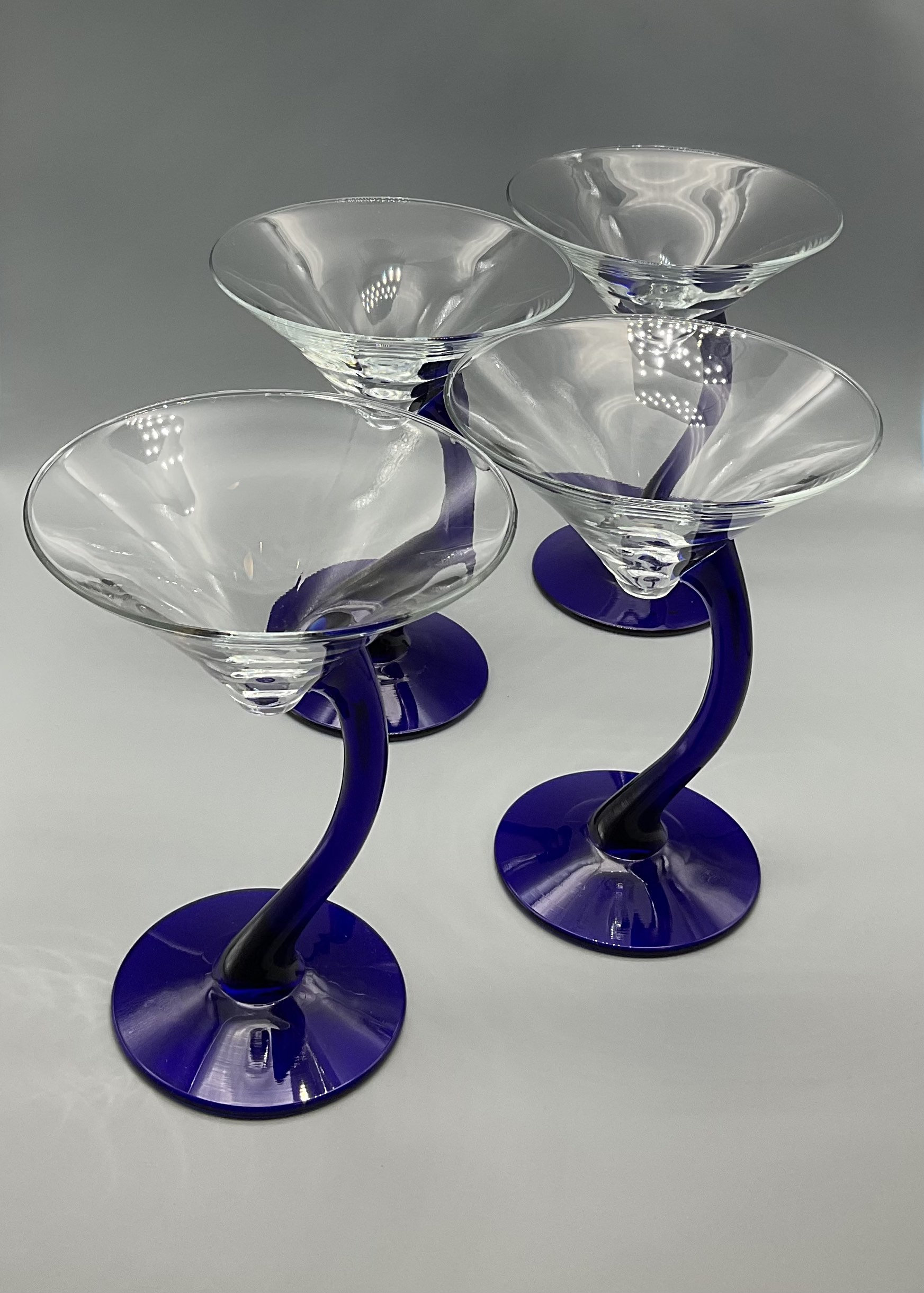 pair Cobalt blue wavy stemmed martini liqueur cocktail glasses
