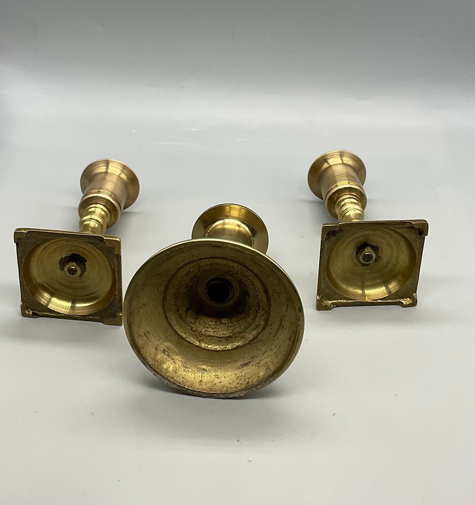 Vintage Solid Brass Set of 3 Candlestick Holders/ One Round Base ...
