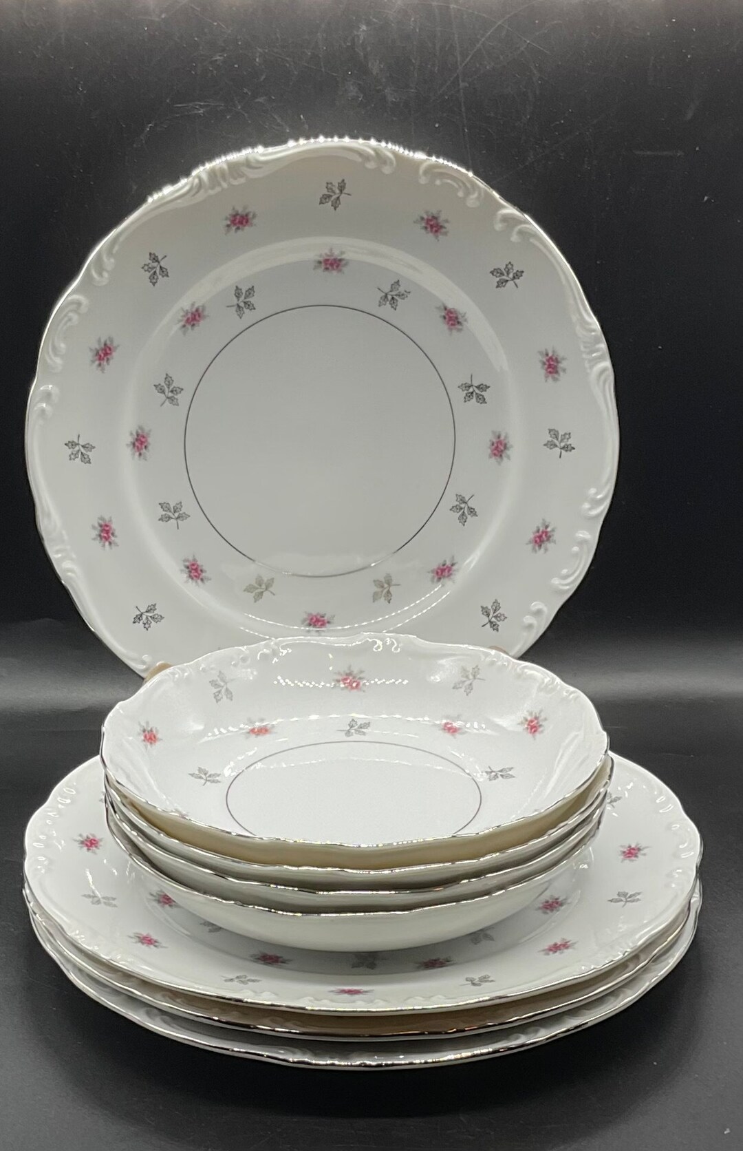 Vintage Rosette Fine China Pink Roses and Platinum Accents Made in